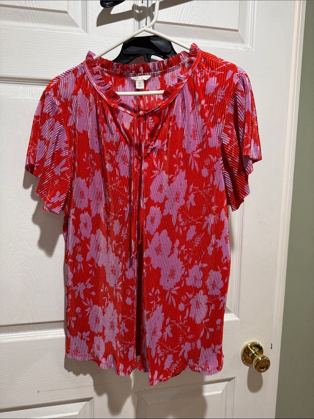 Cato Red & Pink Floral Tie-Neck Short Sleeve Blouse XL